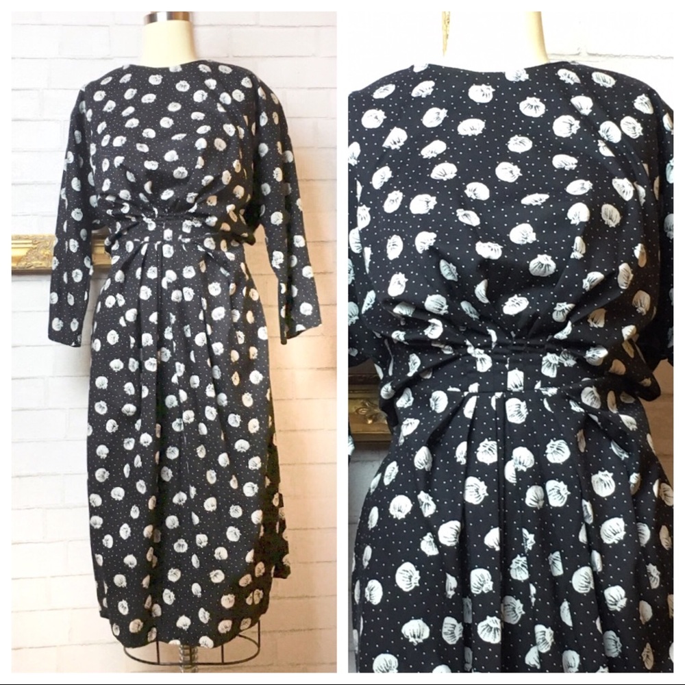 Vintage dress seashells wrap black white polka dot